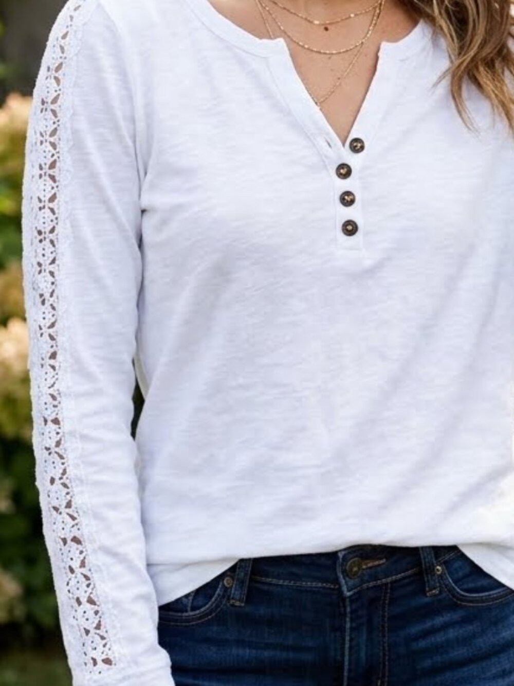 Kismet Women's Long Crochet Detail Sleeve White Henley Top Size M Cotton Blend